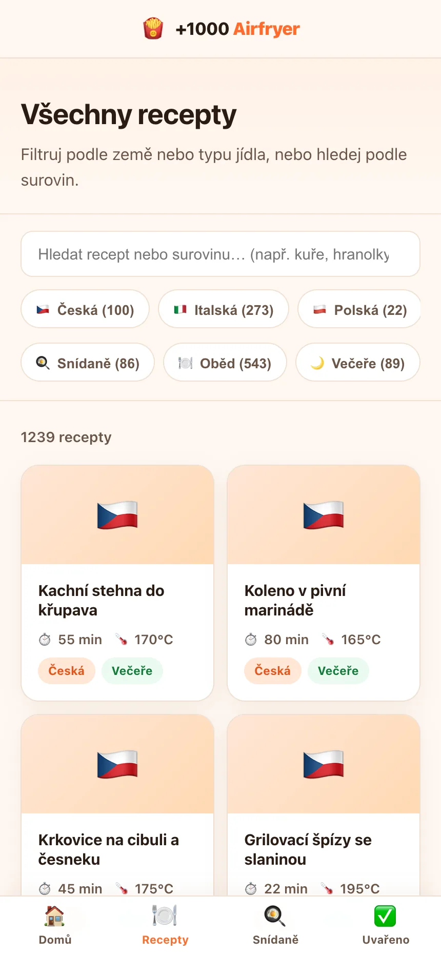 Seznam receptů s filtry podle kuchyně a podle chodu