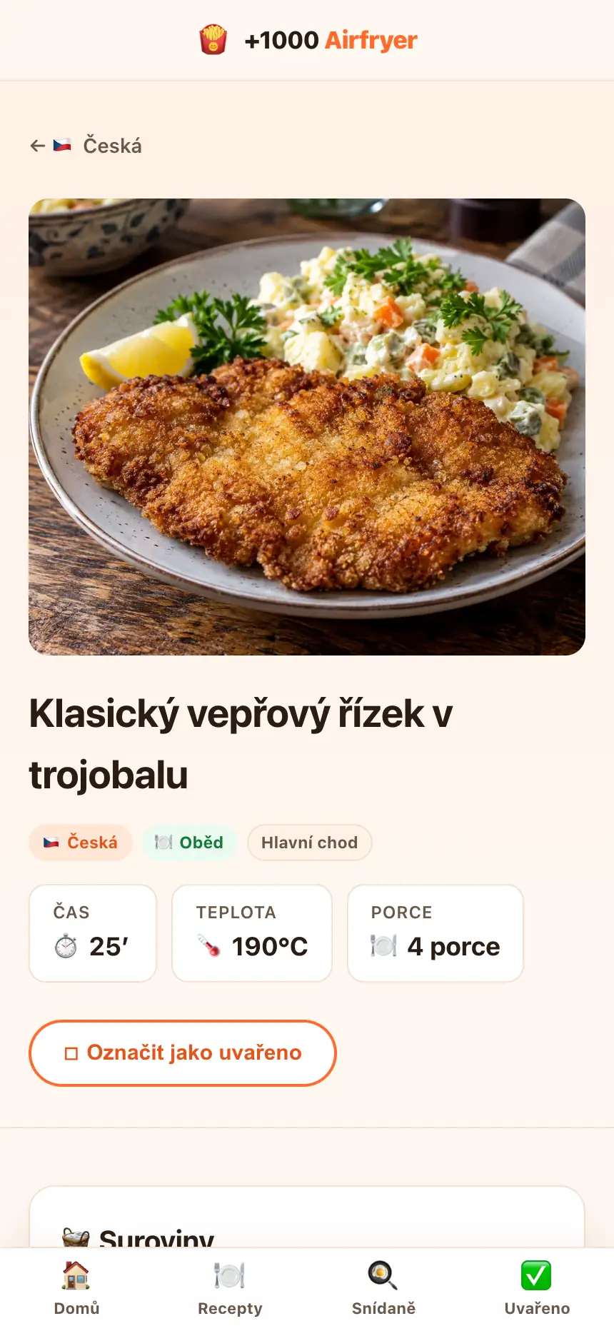 Karta receptu s časem, teplotou, porcemi a surovinami