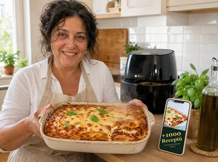 Chef Aurora s jídlem čerstvě z horkovzdušné fritézy a kuchařkou v telefonu